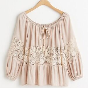 Free People Boho Lace Peasant Blouse‎ Pink Small Tassel Tie